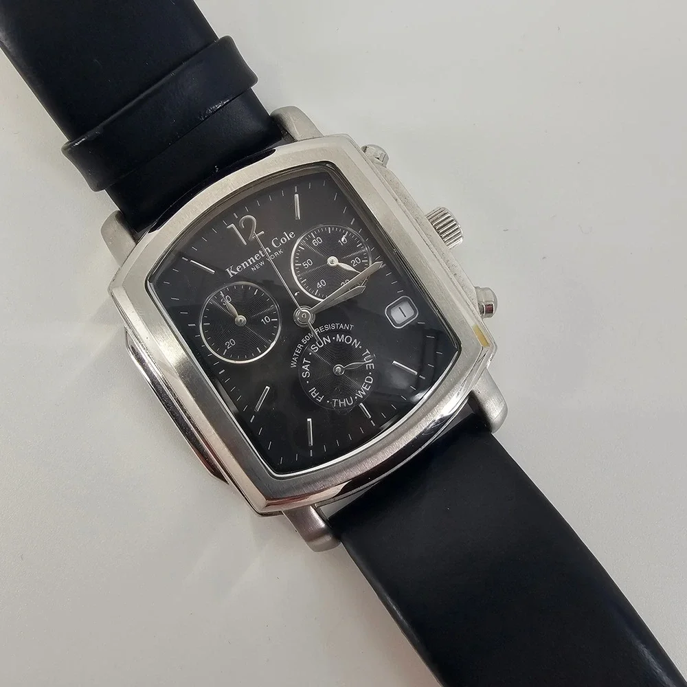 Kenneth Cole Watch Mens Black Leather Square Chronograph Dressy Modern Stainless